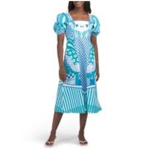 Celina Moon sky blue cotton dress Queen of Hearts print puff sleeves size M midi